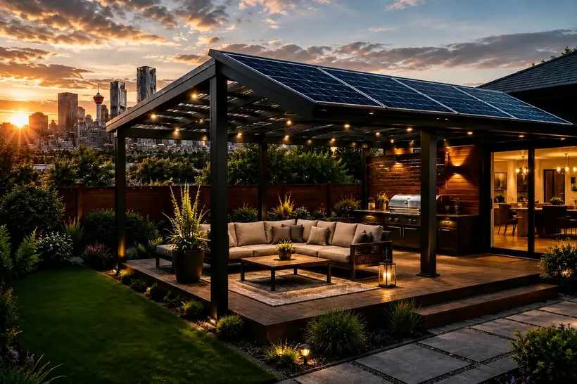 Modern architectural pergola over a backyard patio